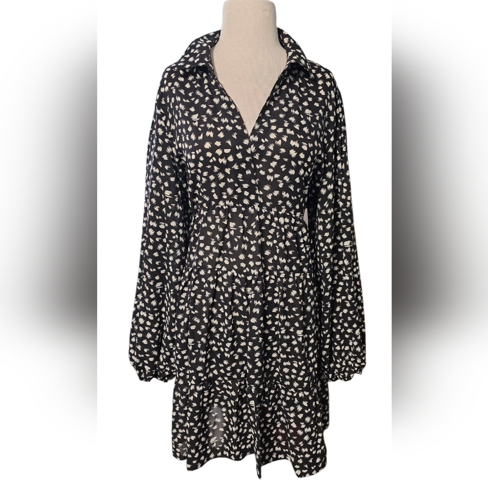 Umgee Black and White Collared Babydoll Dress